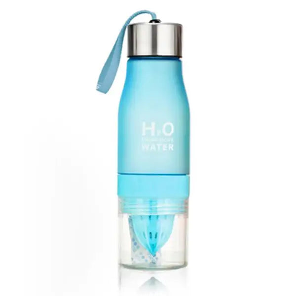 Light blue translucent DecorBites™ 650ml infuser water bottle with silver cap and strap for refreshing infuser water on the go