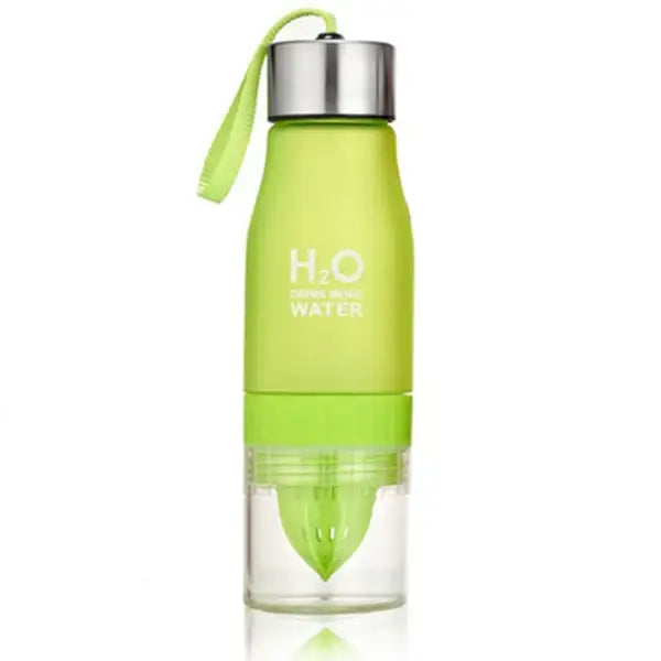 Lime green glass decorbites™ 650ml infuser water bottle with silver cap and bottom citrus juicer for refreshing hydration
