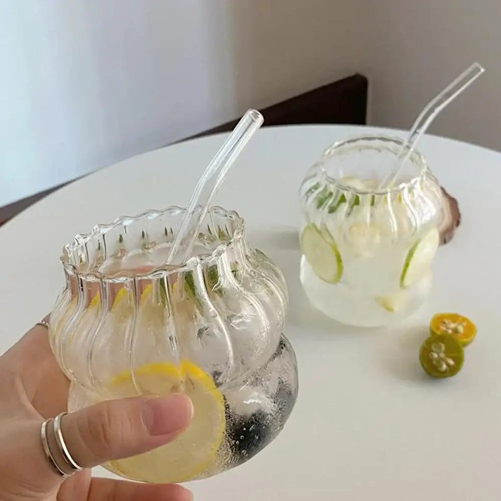 Clear glass pitcher with ribbed design and matching clear straw from decorbites 650ml latte ribbed cocktail set