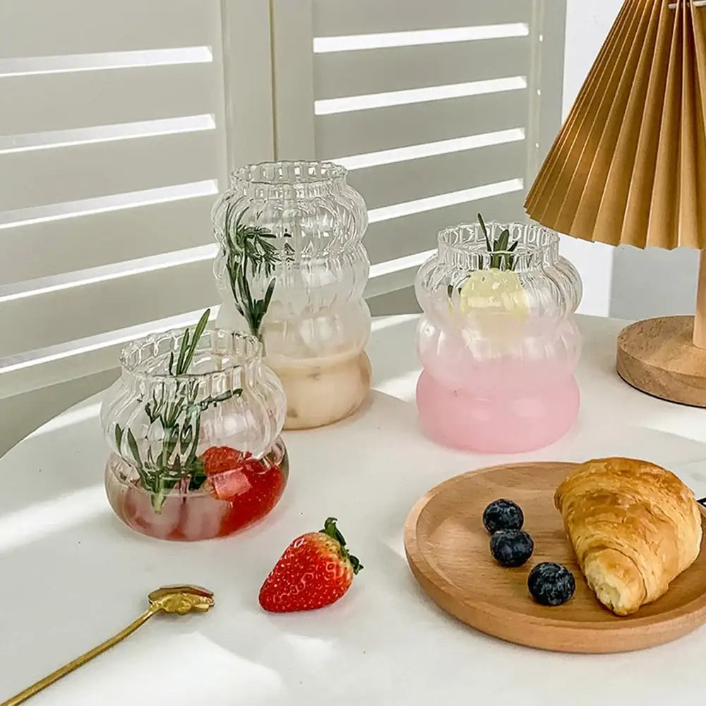 Clear ribbed glass 650ml latte ribbed cocktail vases with stacked bubbly design and frosted pink and beige bases