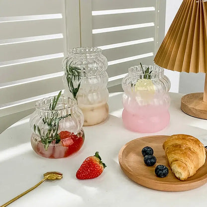 Clear ribbed glass 650ml latte ribbed cocktail vases with stacked bubbly design and frosted pink and beige bases