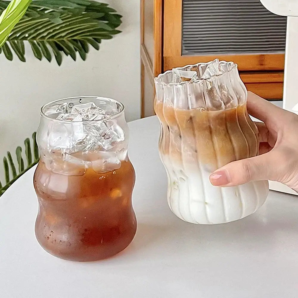 Clear ribbed glass tumblers with wavy organic design for decorbites 650ml latte ribbed cocktail glass set