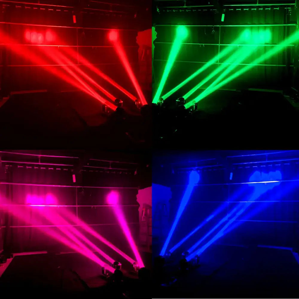 Decorbites™ 65w rgbw 4in1 beam moving head light emitting vibrant red green pink and blue beams on dark stage