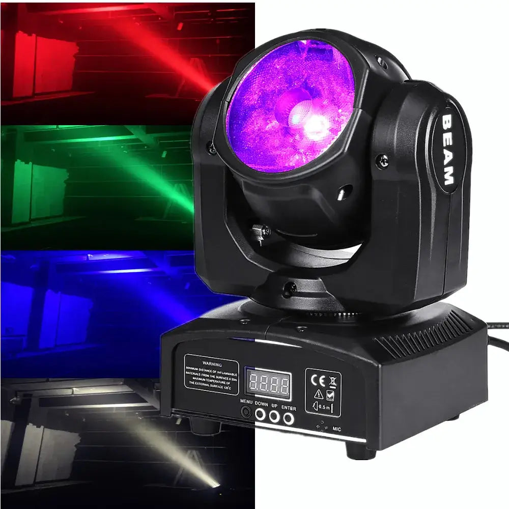 Black beam brand decorbites 65w rgbw 4in1 beam moving head light with purple illuminated lens and control panel