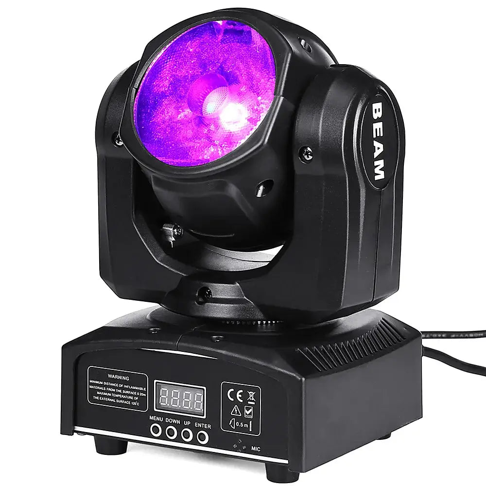 Black beam brand 65w rgbw beam led moving head spotlight emitting a glowing purple light for disco parties