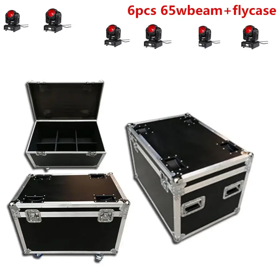 Black flight case with silver metal edges and latches designed to hold six 65w rgbw beam led moving head lights