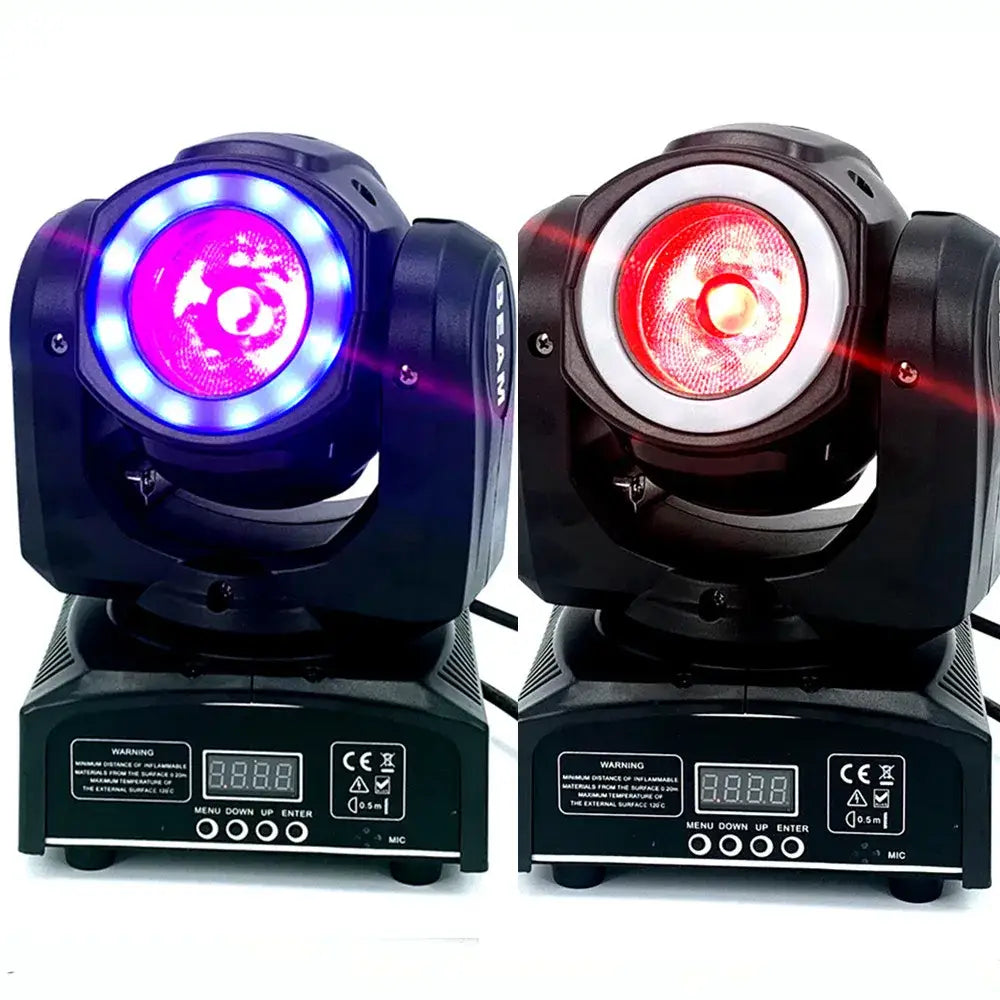 Black led stage lights with digital controls emitting purple and red light featuring decorbites 65w rgbw beam led moving head light
