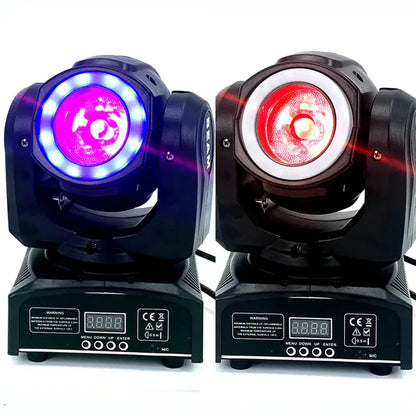 Black led stage lights with digital controls emitting purple and red light featuring decorbites 65w rgbw beam led moving head light