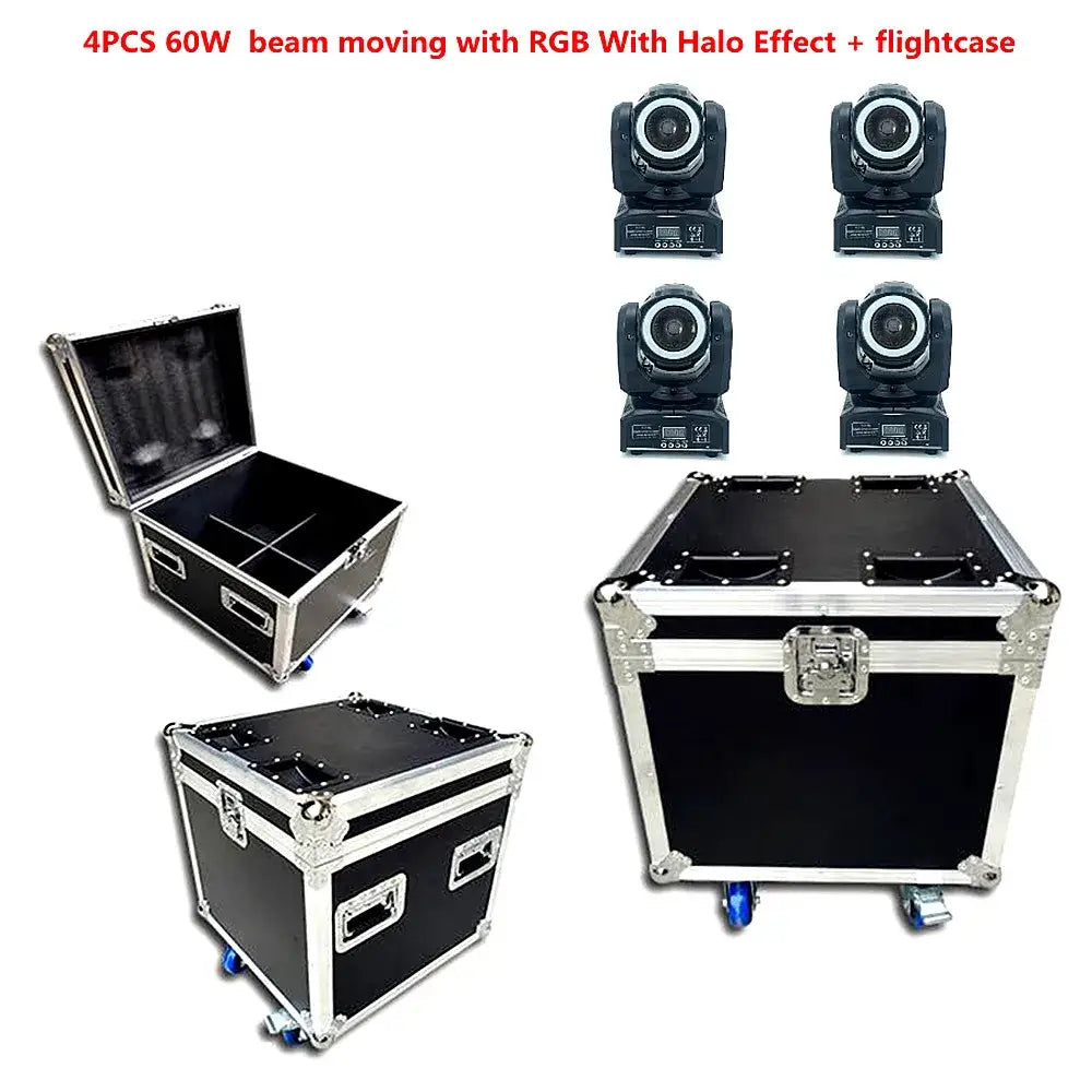 Set of four black decorbites 65w rgbw beam led moving head lights with halo effect in a sturdy flightcase for disco parties