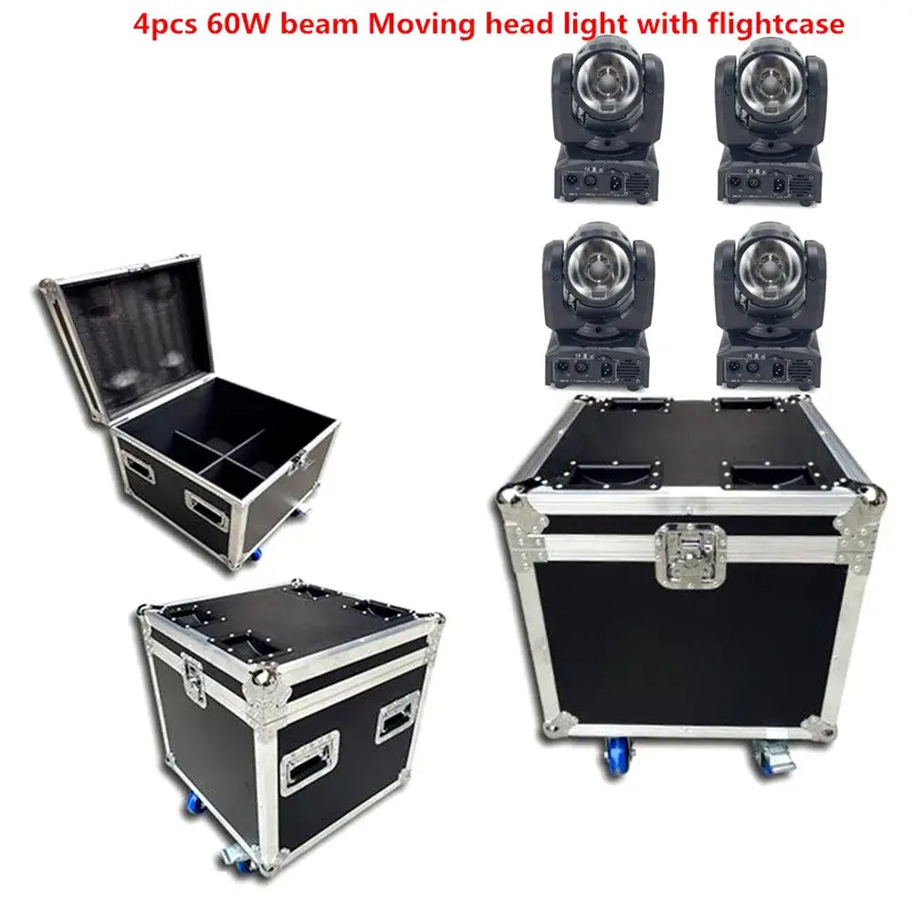 Black flightcase with silver metal edges and blue wheels for holding four 65w rgbw beam led moving head lights