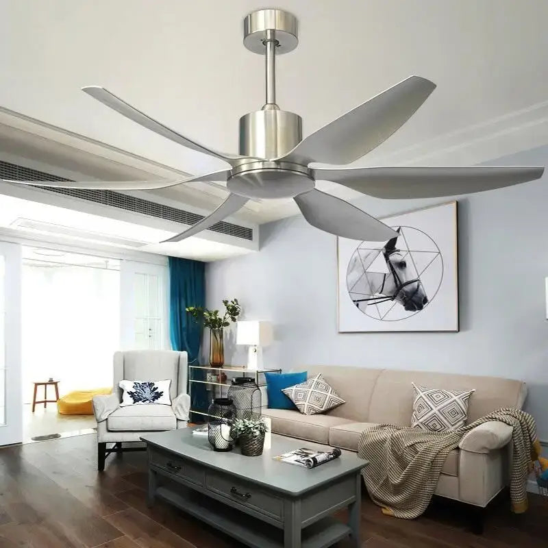 Modern DecorBites™ 66 ceiling fan with six silver metallic blades brushed stainless steel housing remote control and light