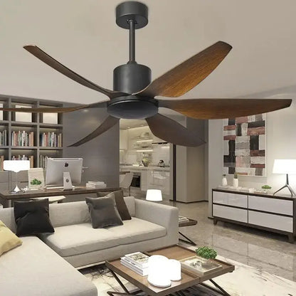 DecorBites 66 ceiling fan with remote control features dark matte motor and five wide wooden blades with light