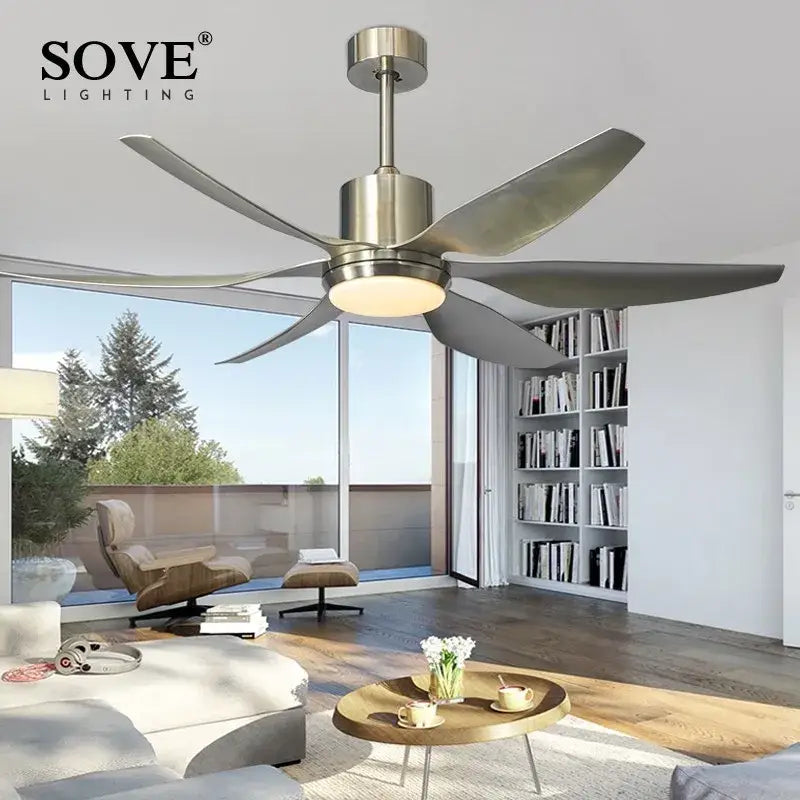 DecorBites 66 inch modern led brown ceiling fan with brushed stainless steel blades and integrated led lighting for living room
