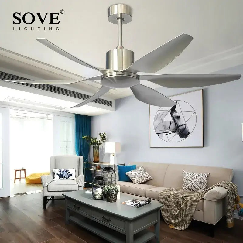 Stylish stainless steel modern led brown ceiling fan with five sleek blades from decorbites for living room use