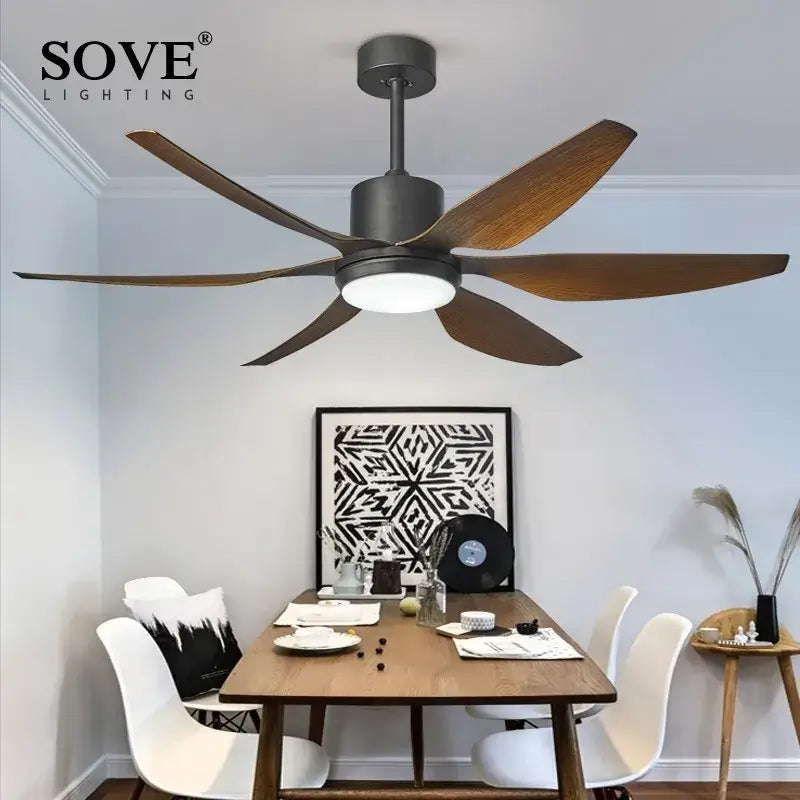 DecorBites™ 66 modern led brown ceiling fan with dark bronze motor and warm brown wooden blades for living room use