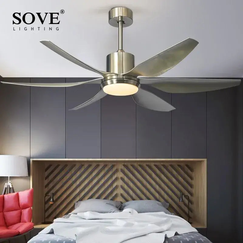 Decorbites 66 modern led brown ceiling fan with five brushed metallic blades and central light fixture for living room