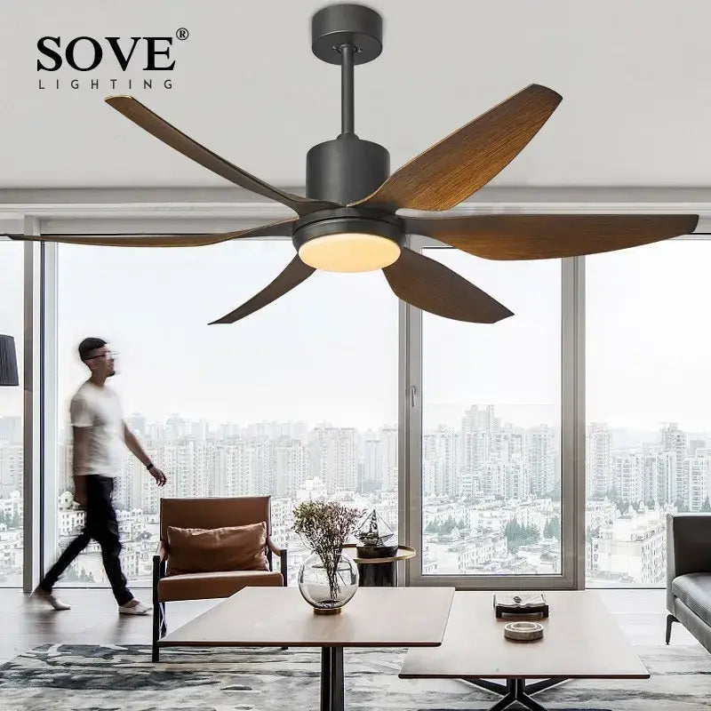 Black and wood-finish decorbites 66 modern led brown ceiling fan with integrated lighting and remote control for living room