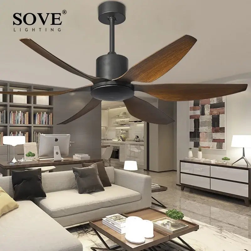 Black and wood-finish sove lighting 66 inch modern led brown ceiling fan with five blades and remote control for living room