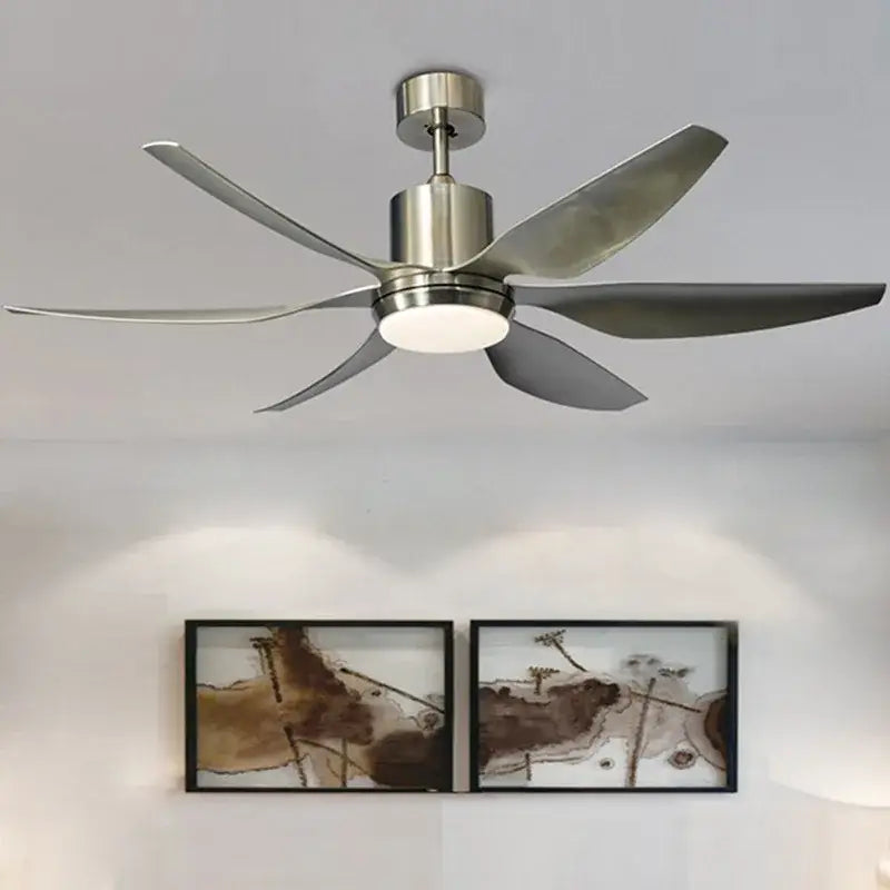 Modern stainless steel DecorBites™ 66 inch Nordic industrial ceiling fan with five dark gray blades and remote control light