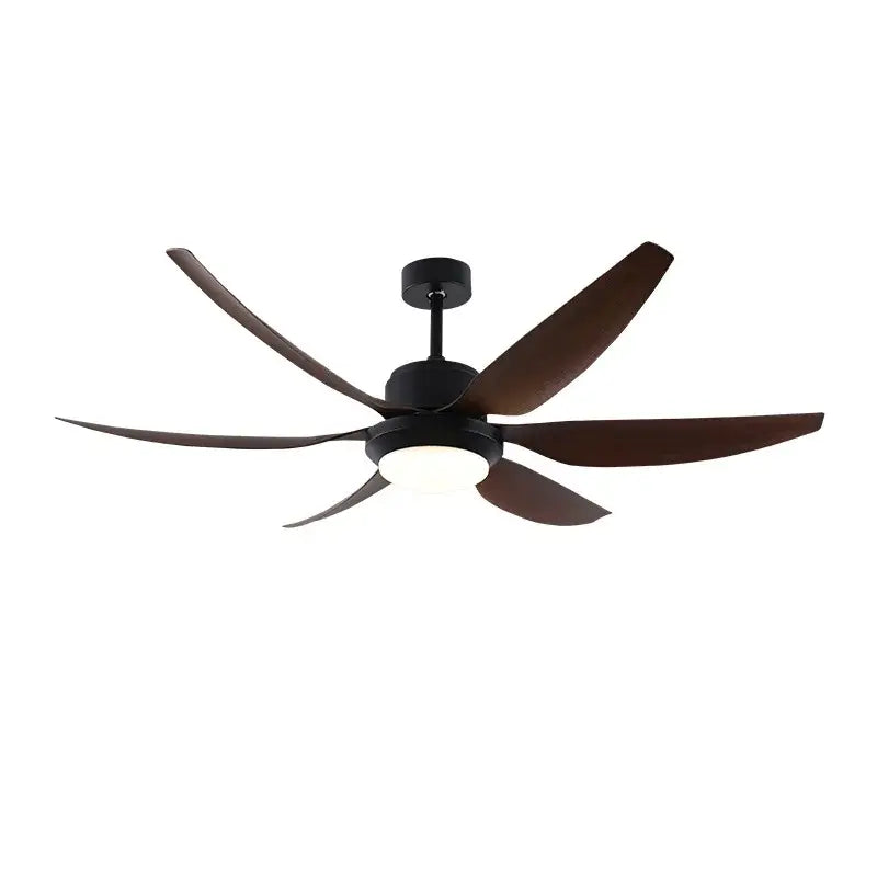 Modern ceiling fan with five dark brown wooden blades and black housing featuring led light and remote control nordic industrial ceiling