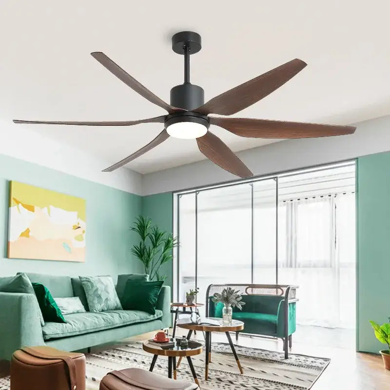 Modern ceiling fan with six dark wood blades and black housing featuring led light and remote control nordic industrial ceiling