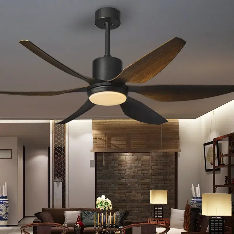Modern nordic industrial ceiling fan with five dark wood blades, black housing, integrated warm led light, and remote control