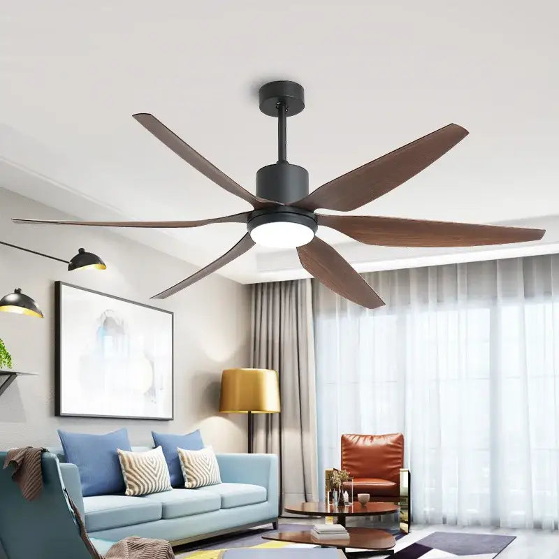 DecorBites™ 66 inch nordic industrial ceiling fan with dark brown wooden blades, black housing, led light, and remote control
