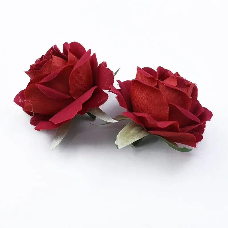 Two deep red 6cm roses head with textured petals and greenish-white leaves artificial flowers for wedding decor