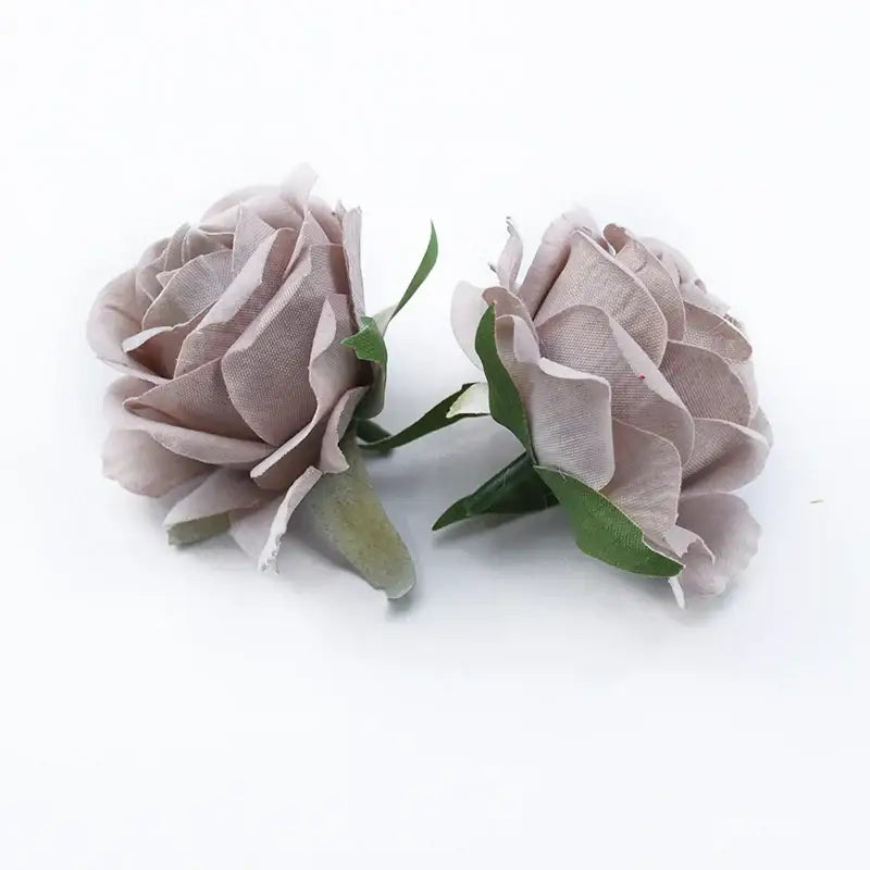 Two artificial mauve fabric petals roses head with green plastic leaves 6cm roses head for diy wedding decor