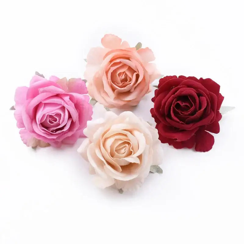 Decorbites™ 6cm roses head artificial flowers in soft pink peach cream and deep red fabric petals for wedding decor
