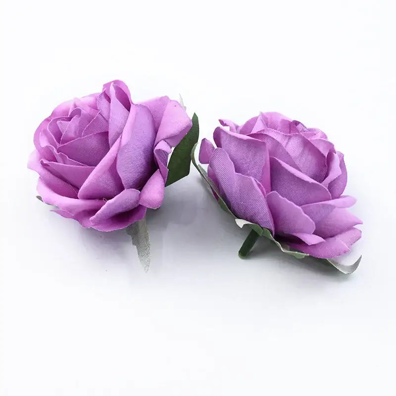 Two artificial purple fabric roses head with green leaves and stems 6cm roses head for diy wedding decor