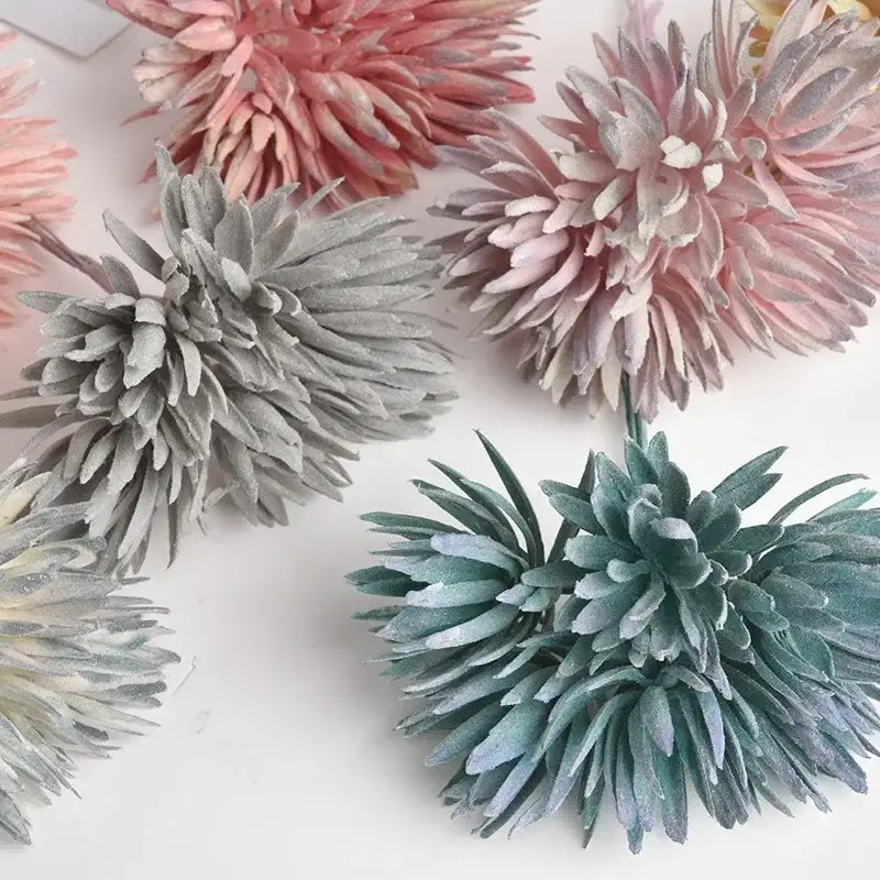 Decorbites™ 6pc silk mini handmade bouquet with pastel pink gray and teal textured layered petals for wedding decor