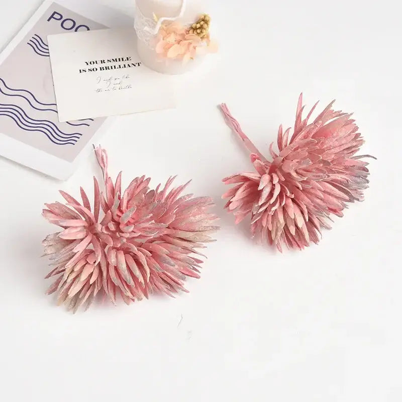 DecorBites™ silk mini handmade pink spiky artificial flowers with silver accents mini handmade bouquet for decoration