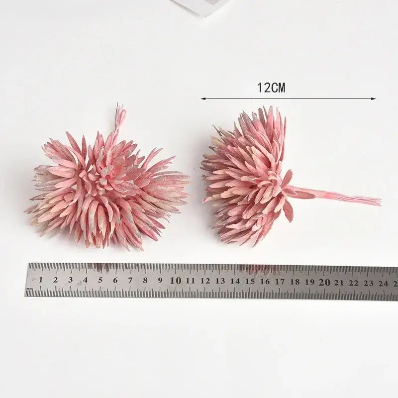 Two artificial pink silk mini handmade succulent flower clusters with textured layered petals and thin stems for decoration