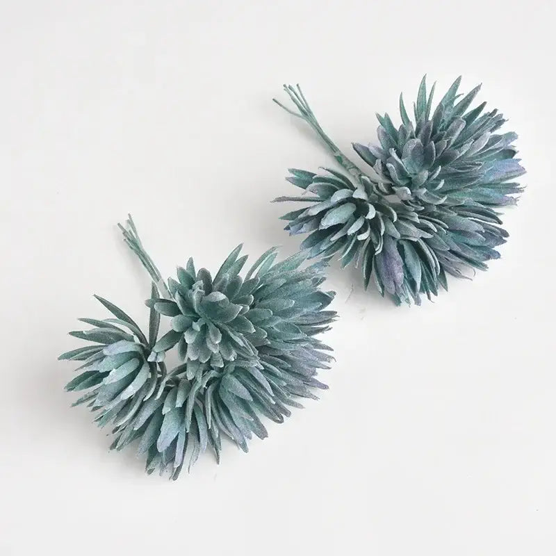 Two silk mini handmade succulent flower clusters in muted teal and dusty blue for home wedding decoration