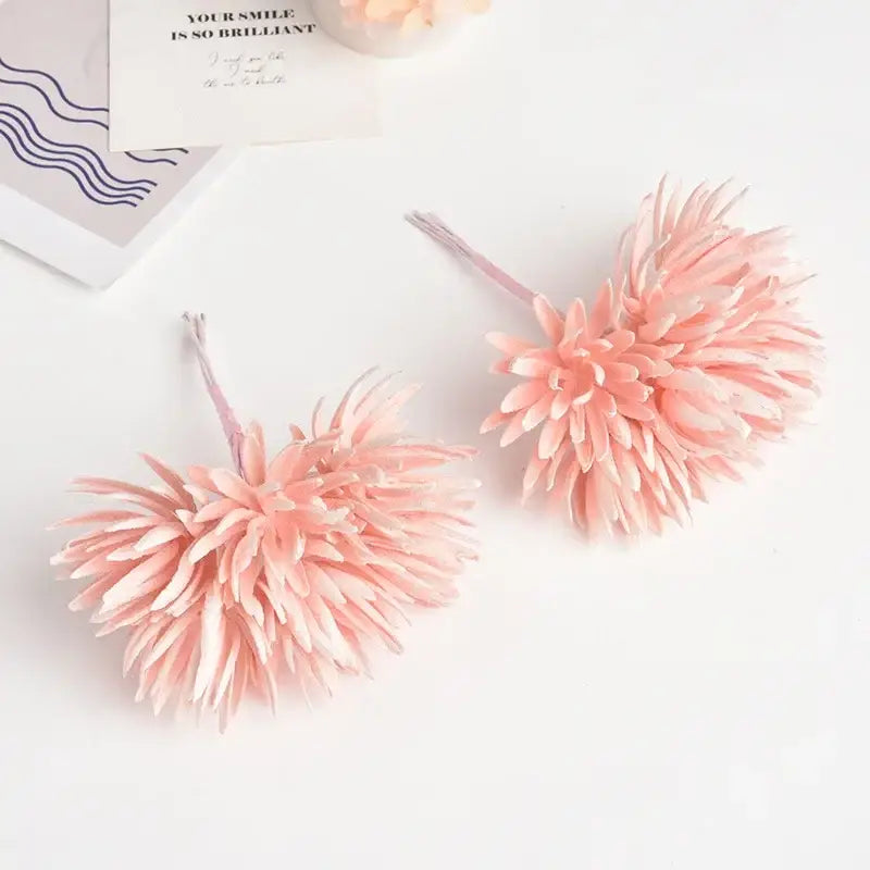 Decorbites™ 6pc pink silk mini handmade chrysanthemum bouquet with delicate layered petals for wedding decoration