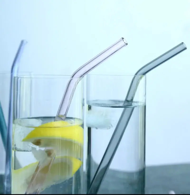 DecorBites™ 6pcs curved juice straws made of clear glass with blue and gray tinted ends for ergonomic sipping