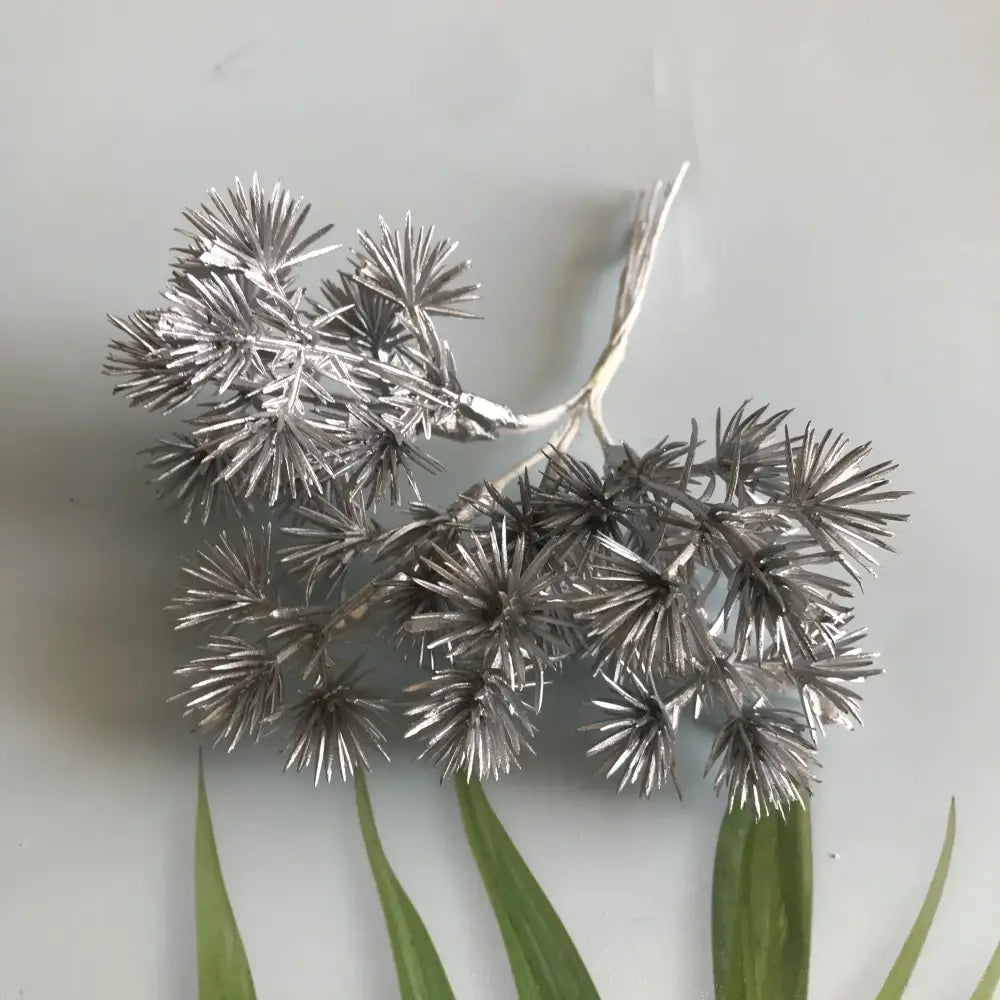 Silver metallic pine branch cluster with spiky needle-like foliage in decorbites™ 6pcs dried flower mix for crafts