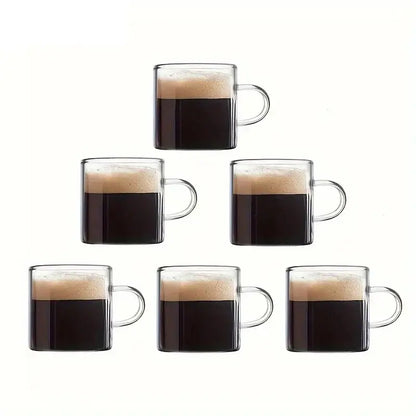 Decorbites™ 6pcs glass espresso cups feature clear double-walled glass filled with dark espresso and creamy foam