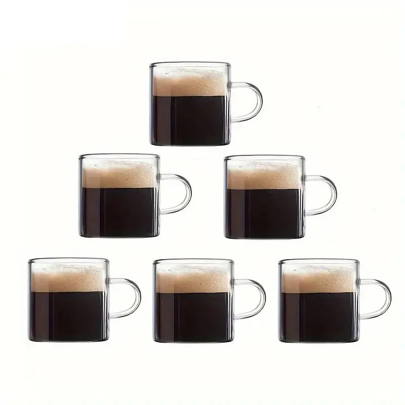 Decorbites™ 6pcs glass espresso cups feature clear double-walled glass filled with dark espresso and creamy foam