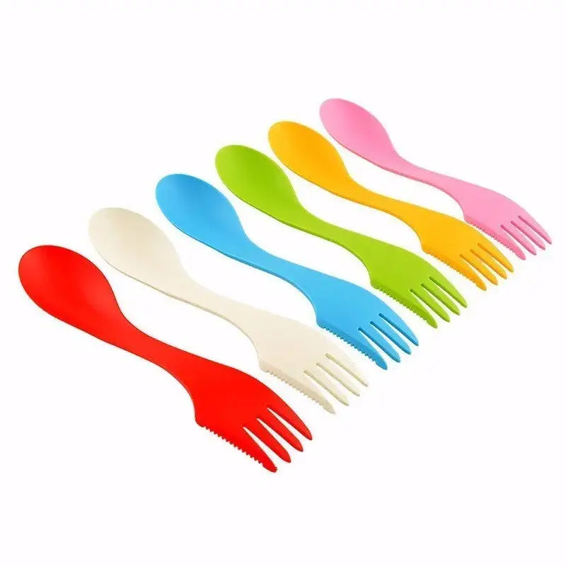 Set of six colorful silicone 6pcs outdoor spork in red white blue green yellow and pink for camping and hiking use