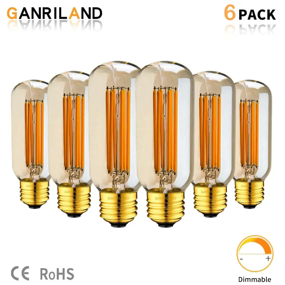 Decorbites 220v led tubular filament bulb six-pack with amber glass and gold-colored screw bases dimmable e26 e27 2200k