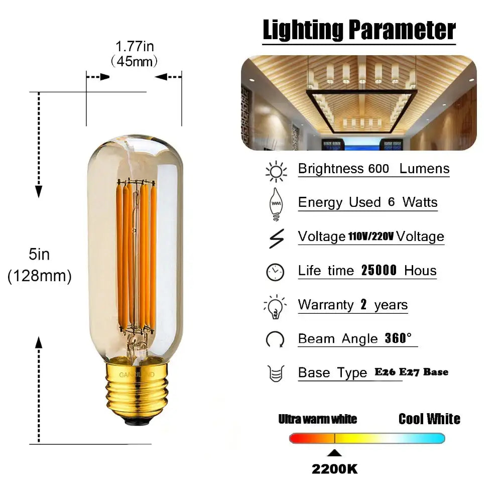 Vintage-style amber glass decorbites 220v led tubular filament bulb with gold screw base and dimmable 2200k light