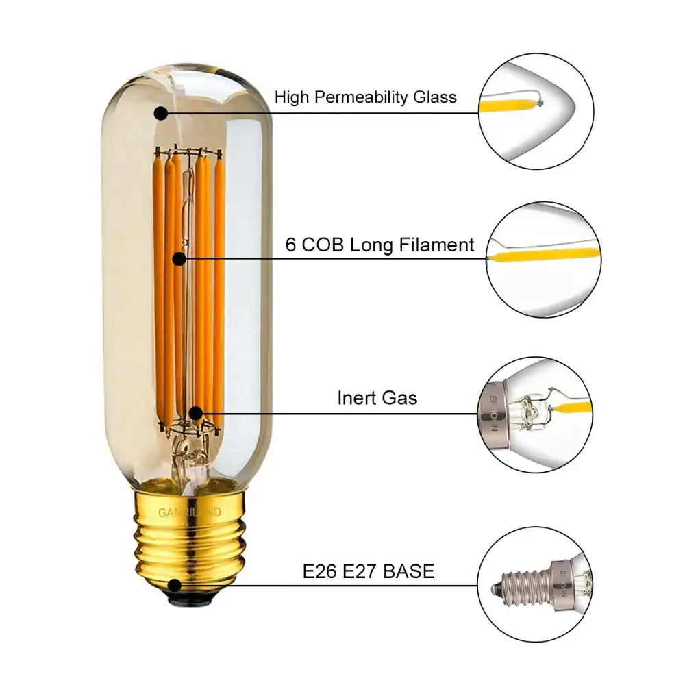 Vintage-style amber glass filament bulb with six cob filaments and gold e26 e27 base 220v led tubular filament bulb