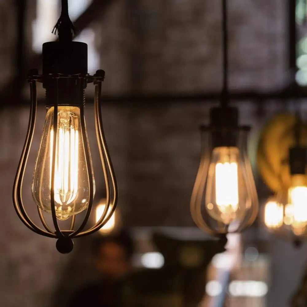 Warmly glowing decorbites™ 6w 220v led tubular filament bulb gold tint dimmable encased in dark metal cage