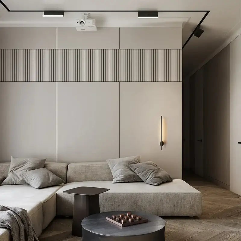 Modern beige sectional sofa with textured fabric and gray pillows next to decorbites™ 6w led wall lamp with push switch
