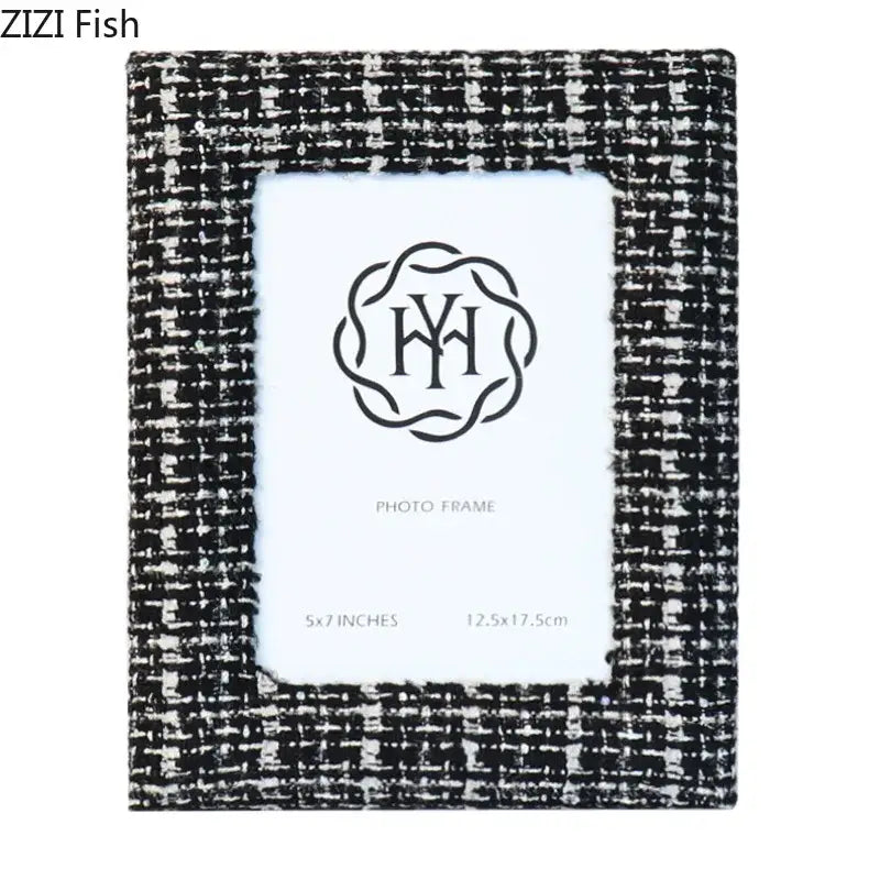 DecorBites 6x7 inch fabric framed photo frame in black and white with woven fabric finish for TV cabinet decor