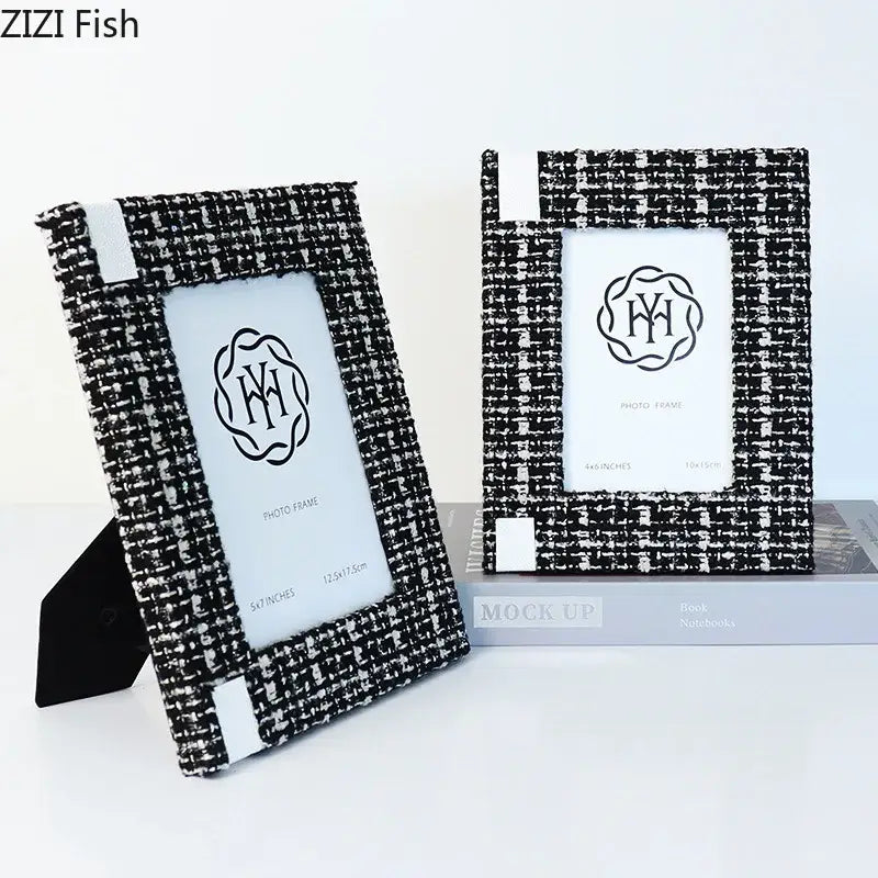 Decorbites 6x7 inch fabric framed portrait photo frame in black and white tweed texture with monogrammed logo