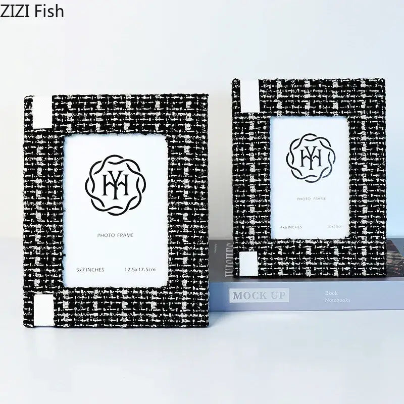 Black and white 6x7 inch fabric framed photo frame with tweed textured woven pattern for tv cabinet decor