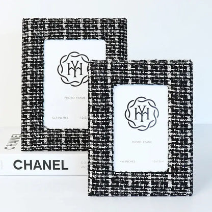 Decorbites™ 6x7 inch fabric framed photo frame with black and white tweed texture and monogrammed inner mat for tv decor